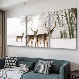 A Male Of Fallow Deer With Grate Antlers Standing On The Snow Animals, Multi Canvas Painting Ideas, Multi Piece Panel Canvas Housewarming Gift Ideas Canvas Canvas Gallery Painting Framed Prints, Canvas Paintings Multi Panel Canvas 3PIECE(48x24)