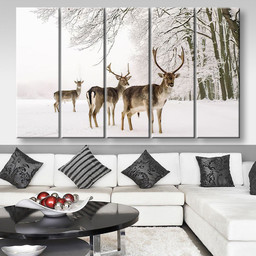 A Male Of Fallow Deer With Grate Antlers Standing On The Snow Animals, Multi Canvas Painting Ideas, Multi Piece Panel Canvas Housewarming Gift Ideas Canvas Canvas Gallery Painting Framed Prints, Canvas Paintings Multi Panel Canvas 5PIECE(80x48)
