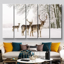 A Male Of Fallow Deer With Grate Antlers Standing On The Snow Animals, Multi Canvas Painting Ideas, Multi Piece Panel Canvas Housewarming Gift Ideas Canvas Canvas Gallery Painting Framed Prints, Canvas Paintings Multi Panel Canvas 5PIECE(60x36)