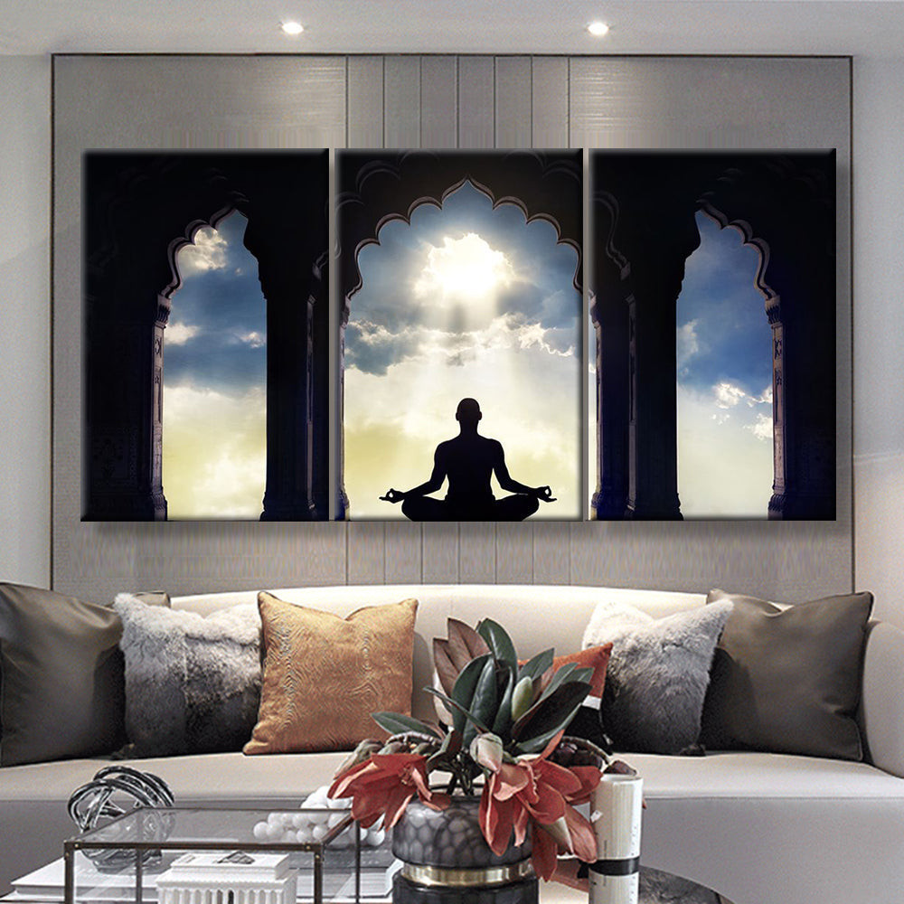 Meditating In Old Temple Religion, Multi Canvas Painting Ideas, Multi Piece Panel Canvas Housewarming Gift Ideas Canvas Canvas Gallery Painting Framed Prints, Canvas Paintings Multi Panel Canvas 3PIECE(36 x18)