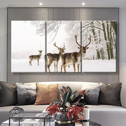 A Male Of Fallow Deer With Grate Antlers Standing On The Snow Animals, Multi Canvas Painting Ideas, Multi Piece Panel Canvas Housewarming Gift Ideas Canvas Canvas Gallery Painting Framed Prints, Canvas Paintings Multi Panel Canvas 3PIECE(36 x18)