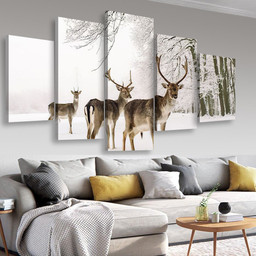 A Male Of Fallow Deer With Grate Antlers Standing On The Snow Animals, Multi Canvas Painting Ideas, Multi Piece Panel Canvas Housewarming Gift Ideas Canvas Canvas Gallery Painting Framed Prints, Canvas Paintings Multi Panel Canvas 5PIECE(Mixed 16)