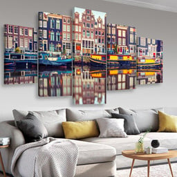 Amsterdam Canal Singelholland Netherlands Landscape, Multi Canvas Painting Ideas, Multi Piece Panel Canvas Housewarming Gift Ideas Canvas Canvas Gallery Painting Framed Prints, Canvas Paintings Multi Panel Canvas 5PIECE(Mixed 16)