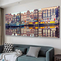 Amsterdam Canal Singelholland Netherlands Landscape, Multi Canvas Painting Ideas, Multi Piece Panel Canvas Housewarming Gift Ideas Canvas Canvas Gallery Painting Framed Prints, Canvas Paintings Multi Panel Canvas 3PIECE(48x24)