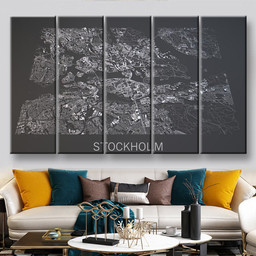 Stockholm Map Satellite View City Sweden Black And White Abstract, Multi Canvas Painting Ideas, Multi Piece Panel Canvas Housewarming Gift Ideas Canvas Canvas Gallery Painting Framed Prints, Canvas Paintings Multi Panel Canvas 5PIECE(60x36)