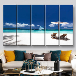 Sun Umbrellas And Wooden Beds On Tropical Beach Caribbean Vacation Nature, Multi Canvas Painting Ideas, Multi Piece Panel Canvas Housewarming Gift Ideas Canvas Canvas Gallery Painting Framed Prints, Canvas Paintings Multi Panel Canvas 5PIECE(60x36)