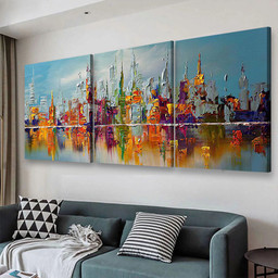 Hand Painted Abstract Colored Building, Multi Canvas Painting Ideas, Multi Piece Panel Canvas Housewarming Gift Ideas Canvas Canvas Gallery Painting Framed Prints, Canvas Paintings Multi Panel Canvas 3PIECE(48x24)