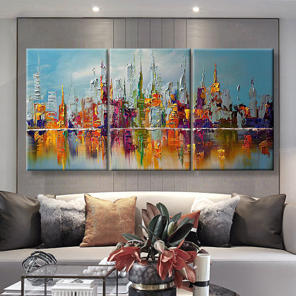 Hand Painted Abstract Colored Building, Multi Canvas Painting Ideas, Multi Piece Panel Canvas Housewarming Gift Ideas Canvas Canvas Gallery Painting Framed Prints, Canvas Paintings Multi Panel Canvas 3PIECE(36 x18)