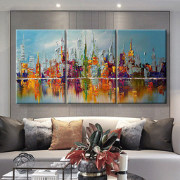 Hand Painted Abstract Colored Building, Multi Canvas Painting Ideas, Multi Piece Panel Canvas Housewarming Gift Ideas Canvas Canvas Gallery Painting Framed Prints, Canvas Paintings Multi Panel Canvas 3PIECE(36 x18)