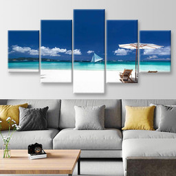 Sun Umbrellas And Wooden Beds On Tropical Beach Caribbean Vacation Nature, Multi Canvas Painting Ideas, Multi Piece Panel Canvas Housewarming Gift Ideas Canvas Canvas Gallery Painting Framed Prints, Canvas Paintings Multi Panel Canvas 5PIECE(Mixed 12)