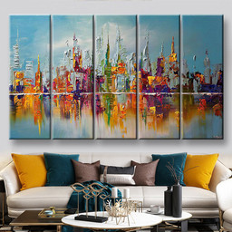 Hand Painted Abstract Colored Building, Multi Canvas Painting Ideas, Multi Piece Panel Canvas Housewarming Gift Ideas Canvas Canvas Gallery Painting Framed Prints, Canvas Paintings Multi Panel Canvas 5PIECE(60x36)