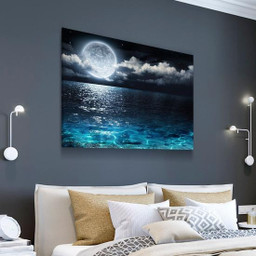 Illuminating Moonlight Moon Blue Sea Luxury Multi Canvas Painting Ideas, Multi Piece Panel Canvas Housewarming Gift Ideas Framed Prints, Canvas Paintings Wrapped Canvas 1 Panel 36x24