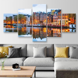 Night City View Of Amsterdam, Multi Canvas Painting Ideas, Multi Piece Panel Canvas Housewarming Gift Ideas Canvas Canvas Gallery Painting Framed Prints, Canvas Paintings Multi Panel Canvas 5PIECE(Mixed 12)