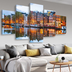 Night City View Of Amsterdam, Multi Canvas Painting Ideas, Multi Piece Panel Canvas Housewarming Gift Ideas Canvas Canvas Gallery Painting Framed Prints, Canvas Paintings Multi Panel Canvas 5PIECE(Mixed 16)