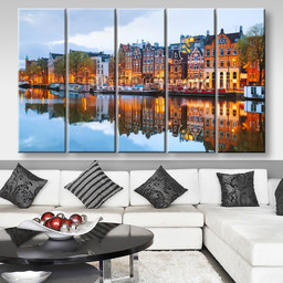 Night City View Of Amsterdam, Multi Canvas Painting Ideas, Multi Piece Panel Canvas Housewarming Gift Ideas Canvas Canvas Gallery Painting Framed Prints, Canvas Paintings Multi Panel Canvas 5PIECE(80x48)