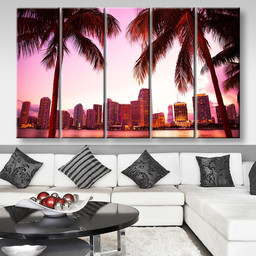 Miami Florida Skyline And Two Palm Trees Landscape, Multi Canvas Painting Ideas, Multi Piece Panel Canvas Housewarming Gift Ideas Canvas Canvas Gallery Painting Framed Prints, Canvas Paintings Multi Panel Canvas 5PIECE(80x48)