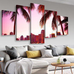 Miami Florida Skyline And Two Palm Trees Landscape, Multi Canvas Painting Ideas, Multi Piece Panel Canvas Housewarming Gift Ideas Canvas Canvas Gallery Painting Framed Prints, Canvas Paintings Multi Panel Canvas 5PIECE(Mixed 16)