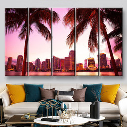 Miami Florida Skyline And Two Palm Trees Landscape, Multi Canvas Painting Ideas, Multi Piece Panel Canvas Housewarming Gift Ideas Canvas Canvas Gallery Painting Framed Prints, Canvas Paintings Multi Panel Canvas 5PIECE(60x36)