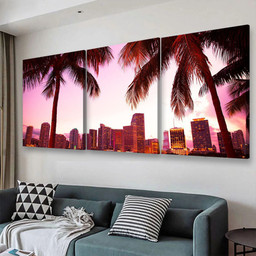 Miami Florida Skyline And Two Palm Trees Landscape, Multi Canvas Painting Ideas, Multi Piece Panel Canvas Housewarming Gift Ideas Canvas Canvas Gallery Painting Framed Prints, Canvas Paintings Multi Panel Canvas 3PIECE(48x24)