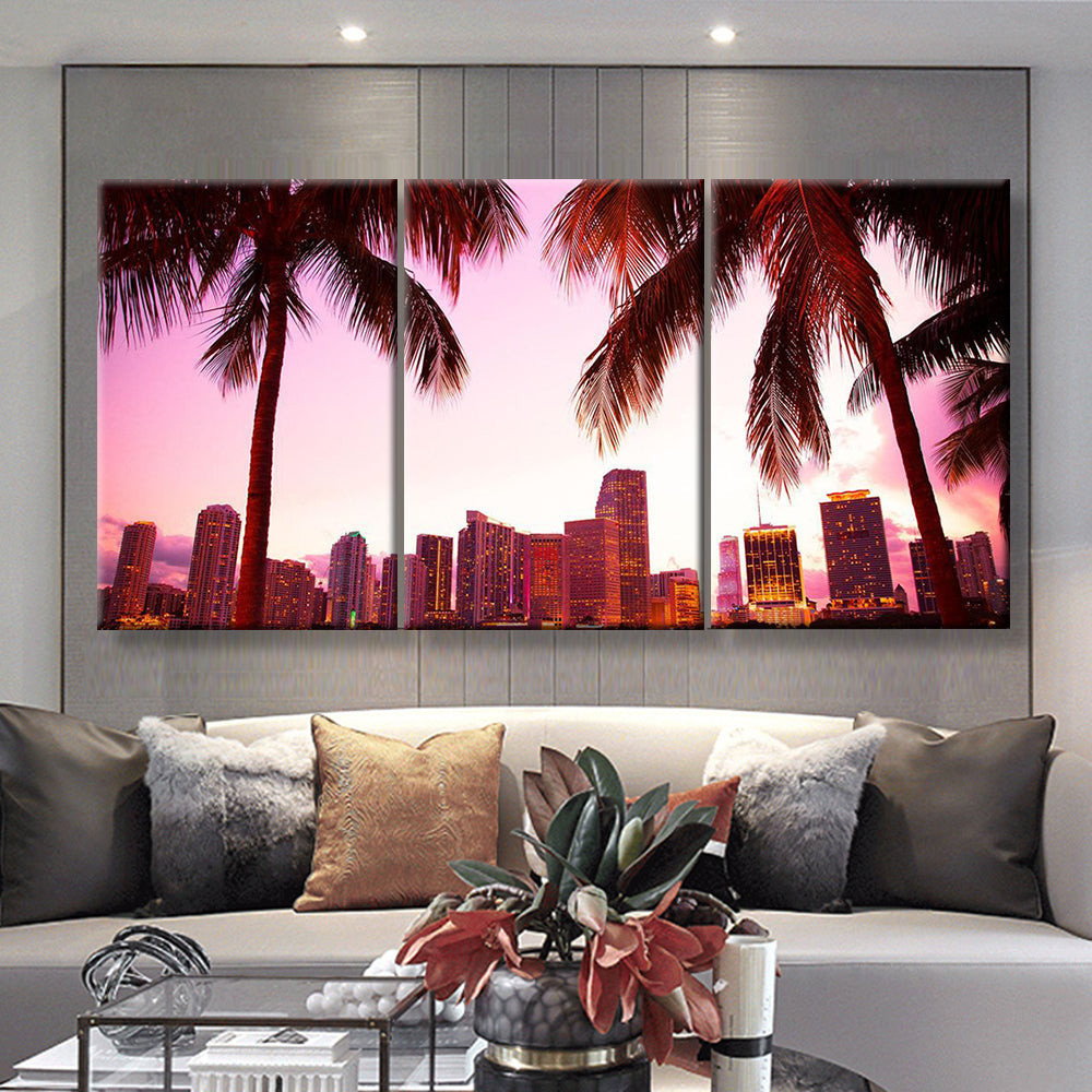 Miami Florida Skyline And Two Palm Trees Landscape, Multi Canvas Painting Ideas, Multi Piece Panel Canvas Housewarming Gift Ideas Canvas Canvas Gallery Painting Framed Prints, Canvas Paintings Multi Panel Canvas 3PIECE(36 x18)