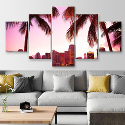 Miami Florida Skyline And Two Palm Trees Landscape, Multi Canvas Painting Ideas, Multi Piece Panel Canvas Housewarming Gift Ideas Canvas Canvas Gallery Painting Framed Prints, Canvas Paintings Multi Panel Canvas 5PIECE(Mixed 12)