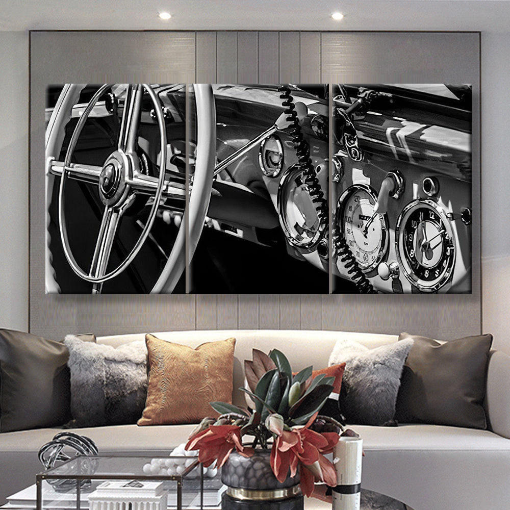 Dashboard Old Car In Black And White Retro Industrial, Multi Canvas Painting Ideas, Multi Piece Panel Canvas Housewarming Gift Ideas Canvas Canvas Gallery Painting Framed Prints, Canvas Paintings Multi Panel Canvas 3PIECE(36 x18)
