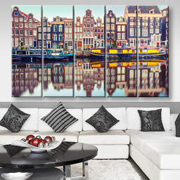 Amsterdam Canal Singel Holland Netherlands Landscape, Multi Canvas Painting Ideas, Multi Piece Panel Canvas Housewarming Gift Ideas Canvas Canvas Gallery Painting Framed Prints, Canvas Paintings Multi Panel Canvas 5PIECE(80x48)