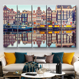 Amsterdam Canal Singel Holland Netherlands Landscape, Multi Canvas Painting Ideas, Multi Piece Panel Canvas Housewarming Gift Ideas Canvas Canvas Gallery Painting Framed Prints, Canvas Paintings Multi Panel Canvas 5PIECE(60x36)