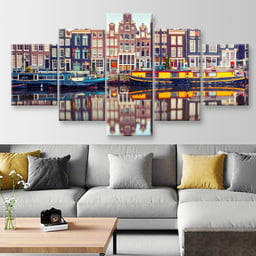 Amsterdam Canal Singel Holland Netherlands Landscape, Multi Canvas Painting Ideas, Multi Piece Panel Canvas Housewarming Gift Ideas Canvas Canvas Gallery Painting Framed Prints, Canvas Paintings Multi Panel Canvas 5PIECE(Mixed 12)