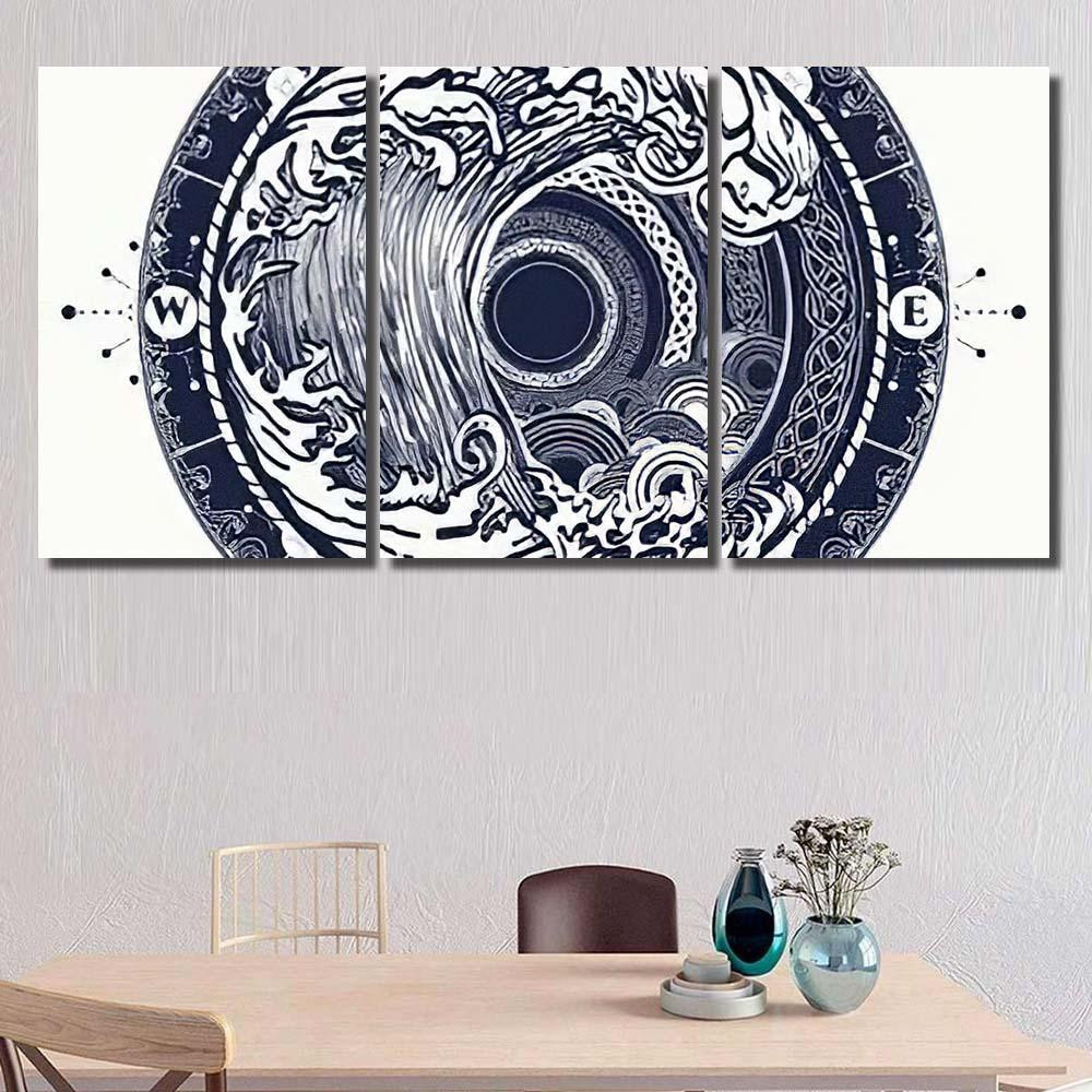 Sea Compass Storm Tattoo Celtic Style Mandala Multi Panel Canvas Print Gift IDeas Canvas Canvas Gallery Painting Framed Prints, Canvas Paintings Multi Panel Canvas 3PIECE(36 x18)