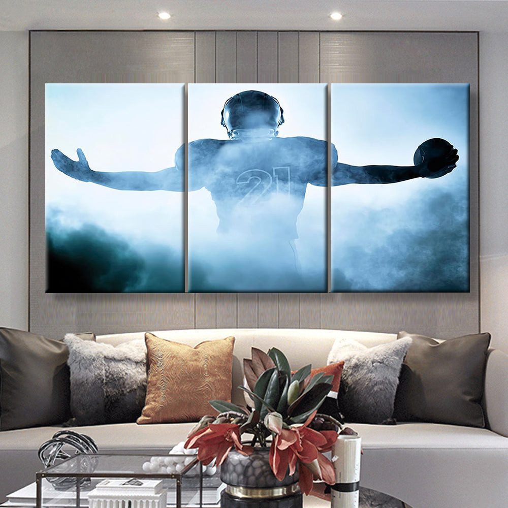 American Football Player Portrait In Silhouette Shadow, Multi Canvas Painting Ideas, Multi Piece Panel Canvas Housewarming Gift Ideas Canvas Canvas Gallery Painting Framed Prints, Canvas Paintings Multi Panel Canvas 3PIECE(36 x18)