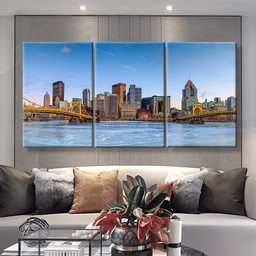 Skyline Of Downtown Pittsburgh At Twilight Panorama Landscape, Multi Canvas Painting Ideas, Multi Piece Panel Canvas Housewarming Gift Ideas Canvas Canvas Gallery Painting Framed Prints, Canvas Paintings Multi Panel Canvas 3PIECE(36 x18)
