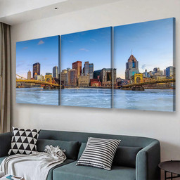 Skyline Of Downtown Pittsburgh At Twilight Panorama Landscape, Multi Canvas Painting Ideas, Multi Piece Panel Canvas Housewarming Gift Ideas Canvas Canvas Gallery Painting Framed Prints, Canvas Paintings Multi Panel Canvas 3PIECE(48x24)