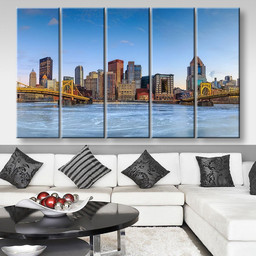 Skyline Of Downtown Pittsburgh At Twilight Panorama Landscape, Multi Canvas Painting Ideas, Multi Piece Panel Canvas Housewarming Gift Ideas Canvas Canvas Gallery Painting Framed Prints, Canvas Paintings Multi Panel Canvas 5PIECE(80x48)