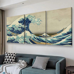 Katsushika Hokusai The Great Wave Off Kanagawa Abstrast, Multi Canvas Painting Ideas, Multi Piece Panel Canvas Housewarming Gift Ideas Canvas Canvas Gallery Painting Framed Prints, Canvas Paintings Multi Panel Canvas 3PIECE(48x24)