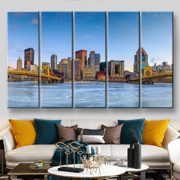 Skyline Of Downtown Pittsburgh At Twilight Panorama Landscape, Multi Canvas Painting Ideas, Multi Piece Panel Canvas Housewarming Gift Ideas Canvas Canvas Gallery Painting Framed Prints, Canvas Paintings Multi Panel Canvas 5PIECE(60x36)