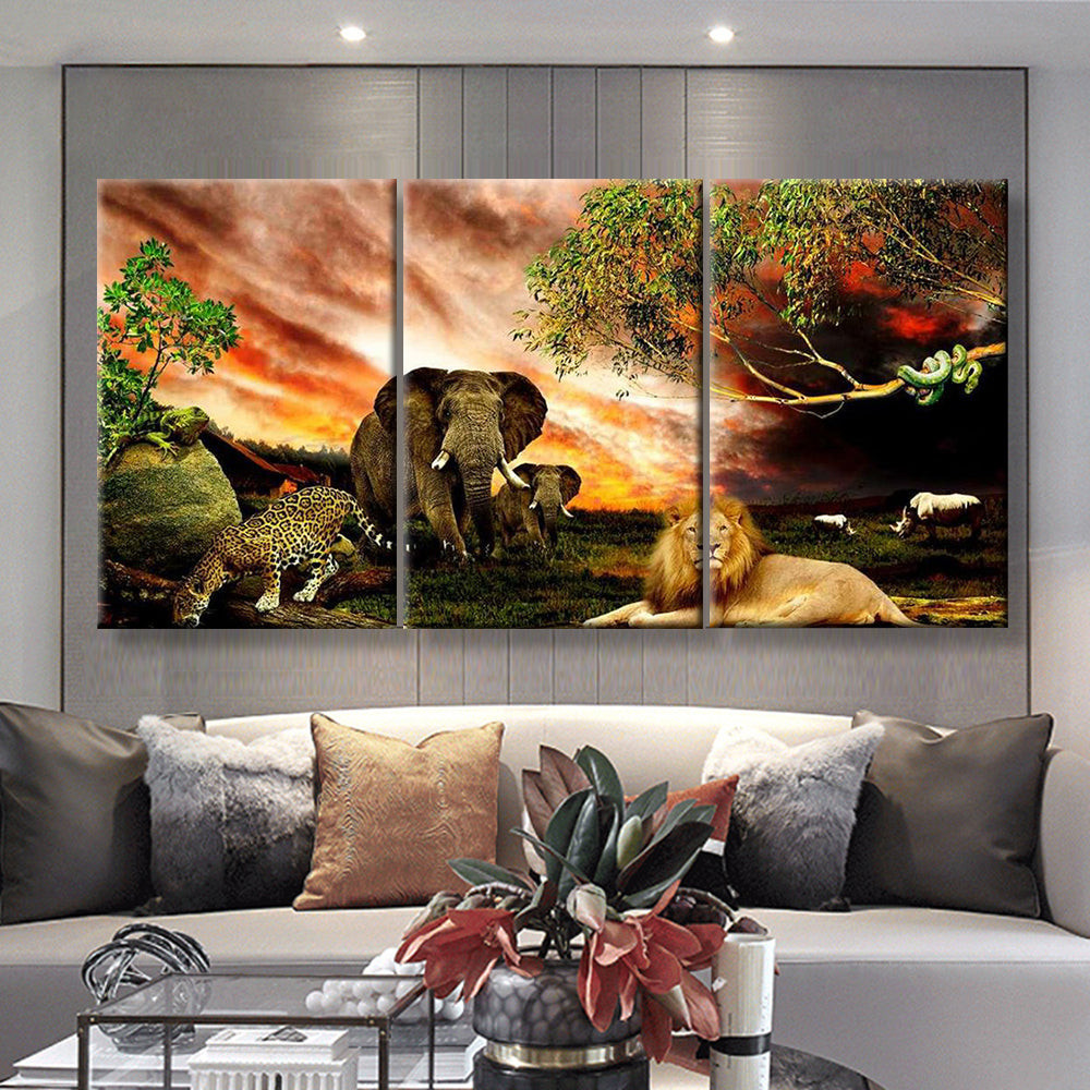 Lion Elephant Cheetah Forest Animals, Multi Canvas Painting Ideas, Multi Piece Panel Canvas Housewarming Gift Ideas Canvas Canvas Gallery Painting Framed Prints, Canvas Paintings Multi Panel Canvas 3PIECE(36 x18)