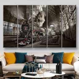 Steam Train At The Station Industrial, Multi Canvas Painting Ideas, Multi Piece Panel Canvas Housewarming Gift Ideas Canvas Canvas Gallery Painting Framed Prints, Canvas Paintings Multi Panel Canvas 5PIECE(60x36)