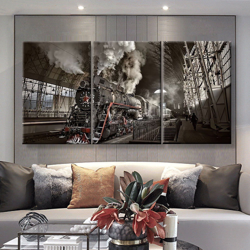 Steam Train At The Station Industrial, Multi Canvas Painting Ideas, Multi Piece Panel Canvas Housewarming Gift Ideas Canvas Canvas Gallery Painting Framed Prints, Canvas Paintings Multi Panel Canvas 3PIECE(36 x18)
