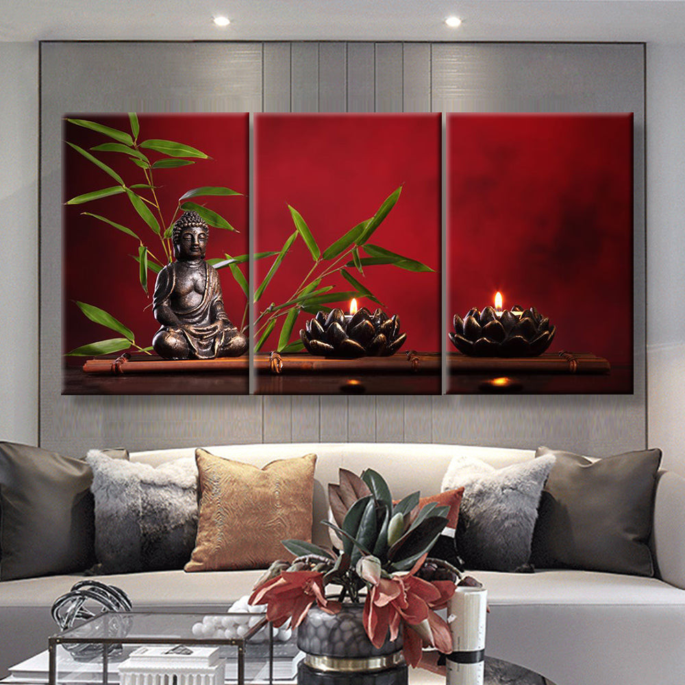Zen Buddha And Candles, Multi Canvas Painting Ideas, Multi Piece Panel Canvas Housewarming Gift Ideas Canvas Canvas Gallery Painting Framed Prints, Canvas Paintings Multi Panel Canvas 3PIECE(36 x18)