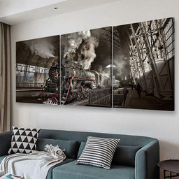 Steam Train At The Station Industrial, Multi Canvas Painting Ideas, Multi Piece Panel Canvas Housewarming Gift Ideas Canvas Canvas Gallery Painting Framed Prints, Canvas Paintings Multi Panel Canvas 3PIECE(48x24)