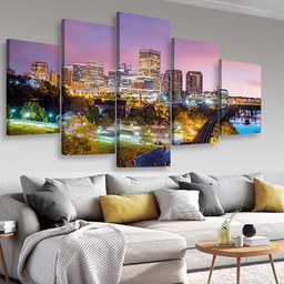 Downtown Richmond Virginia Skyline And The James River At Twilight Landscape, Multi Canvas Painting Ideas, Multi Piece Panel Canvas Housewarming Gift Ideas Canvas Canvas Gallery Painting Framed Prints, Canvas Paintings Multi Panel Canvas 5PIECE(Mixed 16)