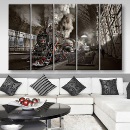 Steam Train At The Station Industrial, Multi Canvas Painting Ideas, Multi Piece Panel Canvas Housewarming Gift Ideas Canvas Canvas Gallery Painting Framed Prints, Canvas Paintings Multi Panel Canvas 5PIECE(80x48)