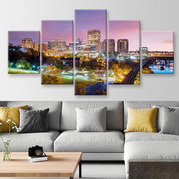 Downtown Richmond Virginia Skyline And The James River At Twilight Landscape, Multi Canvas Painting Ideas, Multi Piece Panel Canvas Housewarming Gift Ideas Canvas Canvas Gallery Painting Framed Prints, Canvas Paintings Multi Panel Canvas 5PIECE(Mixed 12)