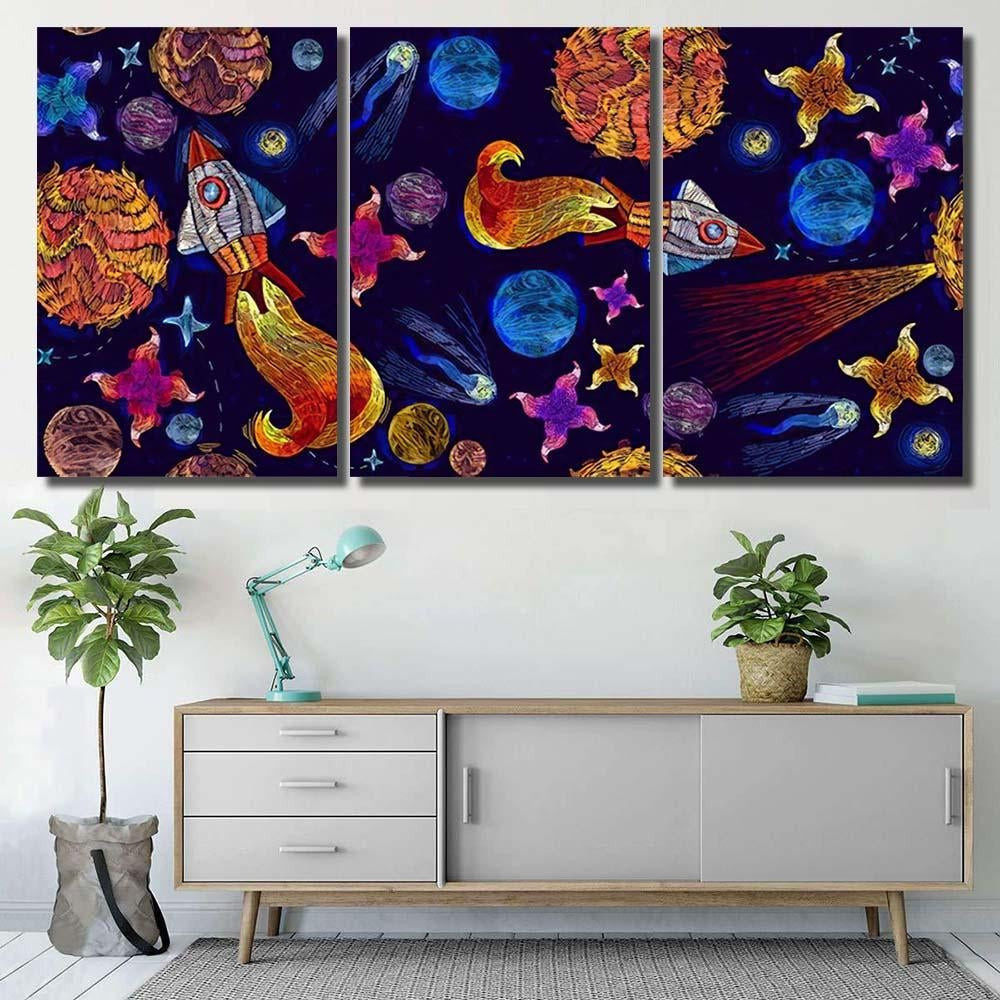 Embroidery Universe Spaceship Seamless Pattern Rocket Galaxy Sky and Space Canvas Print Panel Canvas, 3 5 Piece Canvas Art, Multi Panel Canvas Canvas Canvas Gallery Painting Framed Prints, Canvas Paintings Multi Panel Canvas 3PIECE(36 x18)