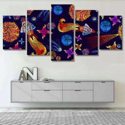 Embroidery Universe Spaceship Seamless Pattern Rocket Galaxy Sky and Space Canvas Print Panel Canvas, 3 5 Piece Canvas Art, Multi Panel Canvas Canvas Canvas Gallery Painting Framed Prints, Canvas Paintings Multi Panel Canvas 5PIECE(60x36)