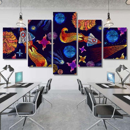Embroidery Universe Spaceship Seamless Pattern Rocket Galaxy Sky and Space Canvas Print Panel Canvas, 3 5 Piece Canvas Art, Multi Panel Canvas Canvas Canvas Gallery Painting Framed Prints, Canvas Paintings Multi Panel Canvas 3PIECE(54x24)