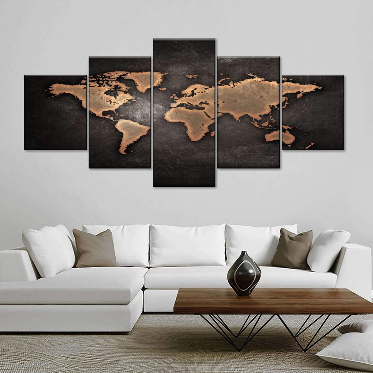 Oil Rubbed Bronze World Map Wood Style Vintage Retro Multi Canvas Painting Ideas, Multi Piece Panel Canvas Housewarming Gift Ideas Framed Prints, Canvas Paintings Wrapped Canvas 5 Panels Mixed 12
