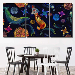 Embroidery Universe Spaceship Blue Whale Seamless Galaxy Sky and Space Canvas Print Panel Canvas, 3 5 Piece Canvas Art, Multi Panel Canvas Canvas Canvas Gallery Painting Framed Prints, Canvas Paintings Multi Panel Canvas 3PIECE(36 x18)