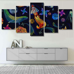 Embroidery Universe Spaceship Blue Whale Seamless Galaxy Sky and Space Canvas Print Panel Canvas, 3 5 Piece Canvas Art, Multi Panel Canvas Canvas Canvas Gallery Painting Framed Prints, Canvas Paintings Multi Panel Canvas 5PIECE(60x36)